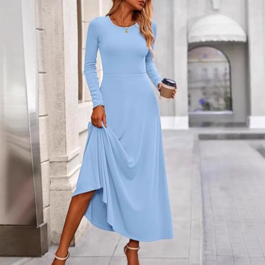 Damen Langärmeliges Maxikleid mit tailliertem Oberteil und fließendem A-Linien-Rock EB