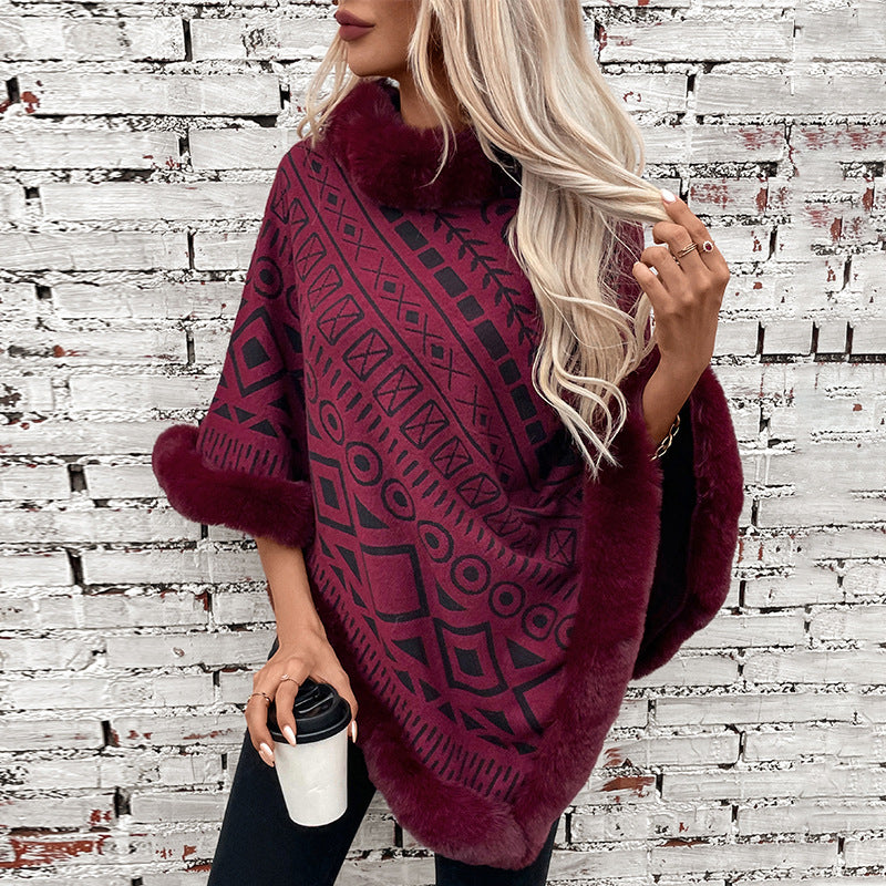 Damen modischer Poncho mit dekorativem Kunstfellkragen EB