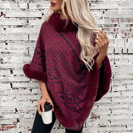 Damen modischer Poncho mit dekorativem Kunstfellkragen EB