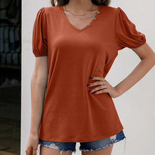 Damen V-Ausschnitt T-Shirt mit modischen Puffärmeln und Knopfdetails EB