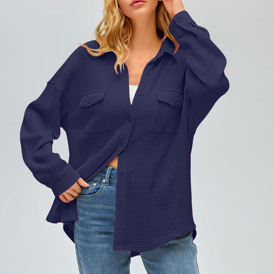 Damen nan oversized Waffelstrick Hemdjacke mit Brusttaschen und Knopfleiste EB