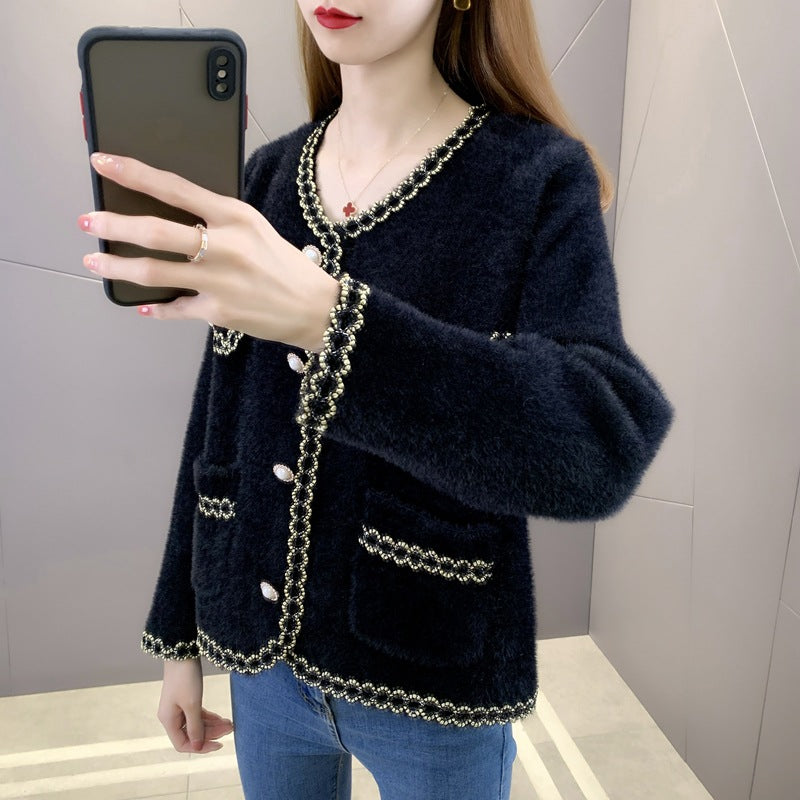 Damen Elegante und luxuriöse Strickjacke mit Perlenverzierungen EB