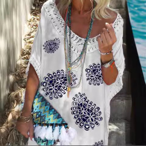 Damen Strandkleid mit Häkelkragen und floralem Druck EB