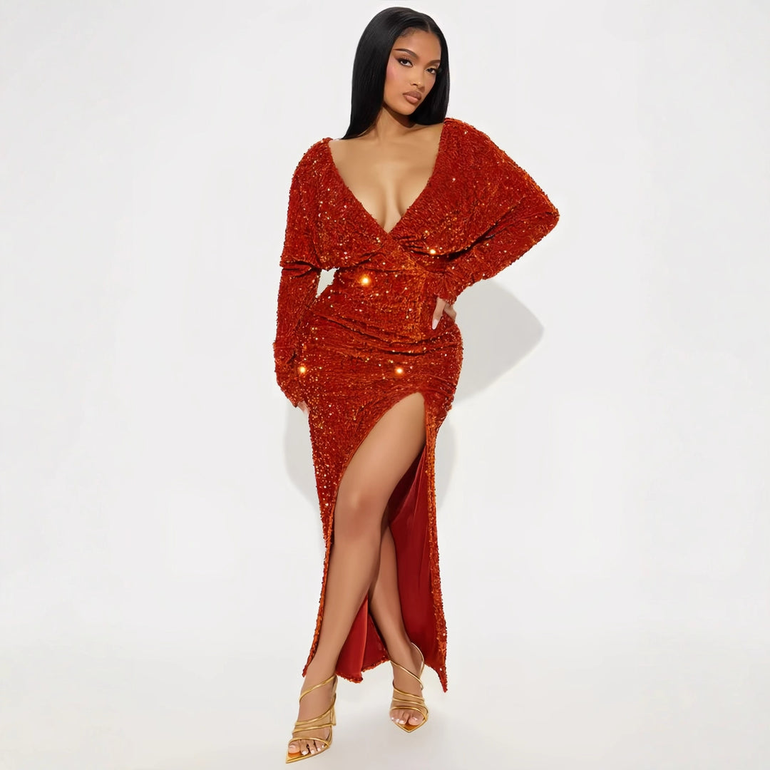 Damen Glamouröses Pailletten-Maxikleid mit tiefem V-Ausschnitt und eleganten Ärmelverzierungen EB
