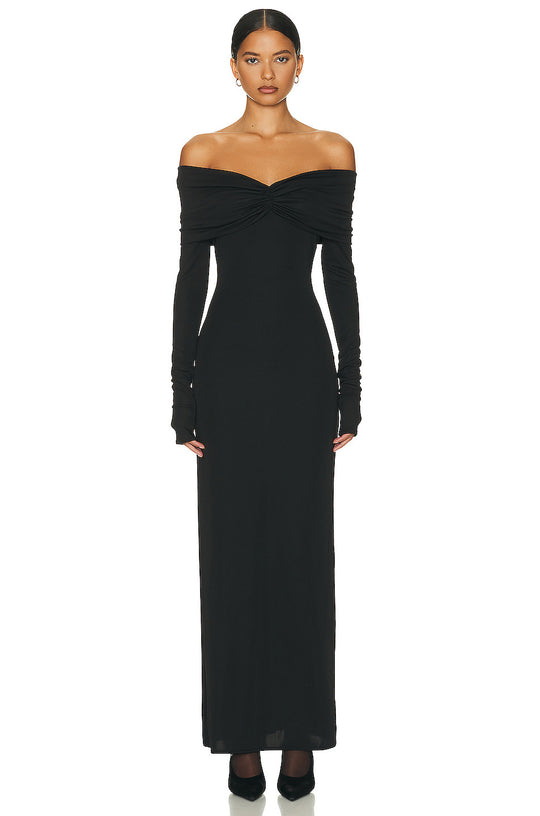 Damen elegantes Maxikleid mit schulterfreiem Design und langem Ärmel EB