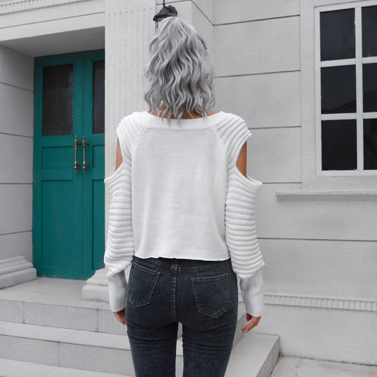 Damen Cropped Pullover mit offener Schulter und Rippstrickmuster EB