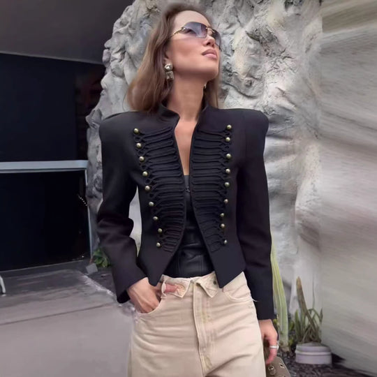 Damen nan militärisch inspirierte Kurzjacke mit Stehkragen und Zierkordeln EB