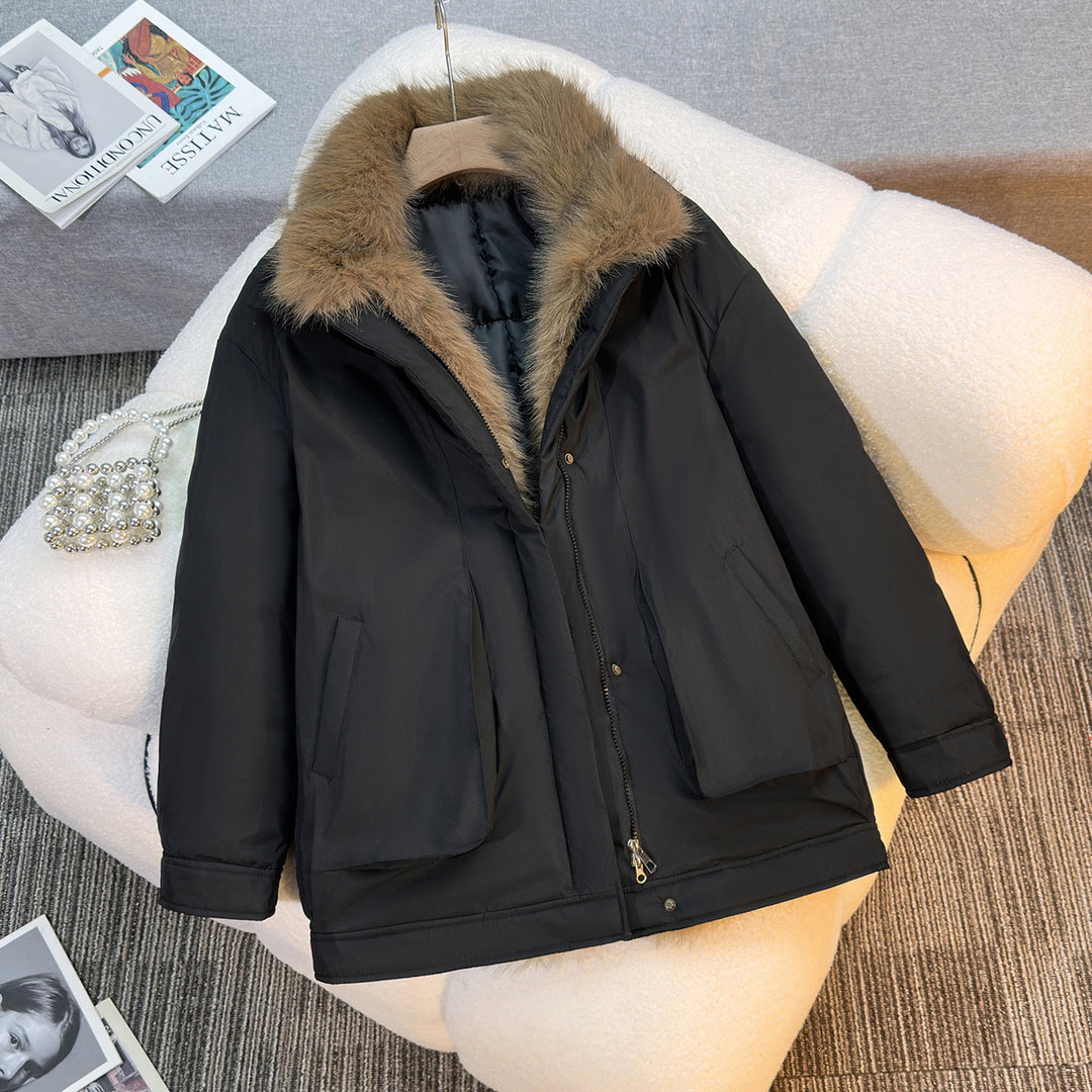 Damen nan mittellanger winddichter Winterparka mit abnehmbarem Kunstfellkragen, wattierter Innenblende und asymmetrischem Saum EB