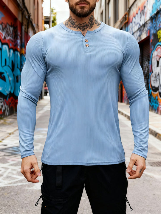 Herren nan geripptes Langarm-Henleyshirt mit flacher Knopfleiste und körperbetonter Stretch-Passform EB