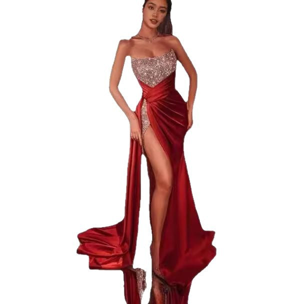 Damen Glamouröses Maxikleid mit funkelndem Oberteil und hohe Beinschlitz EB