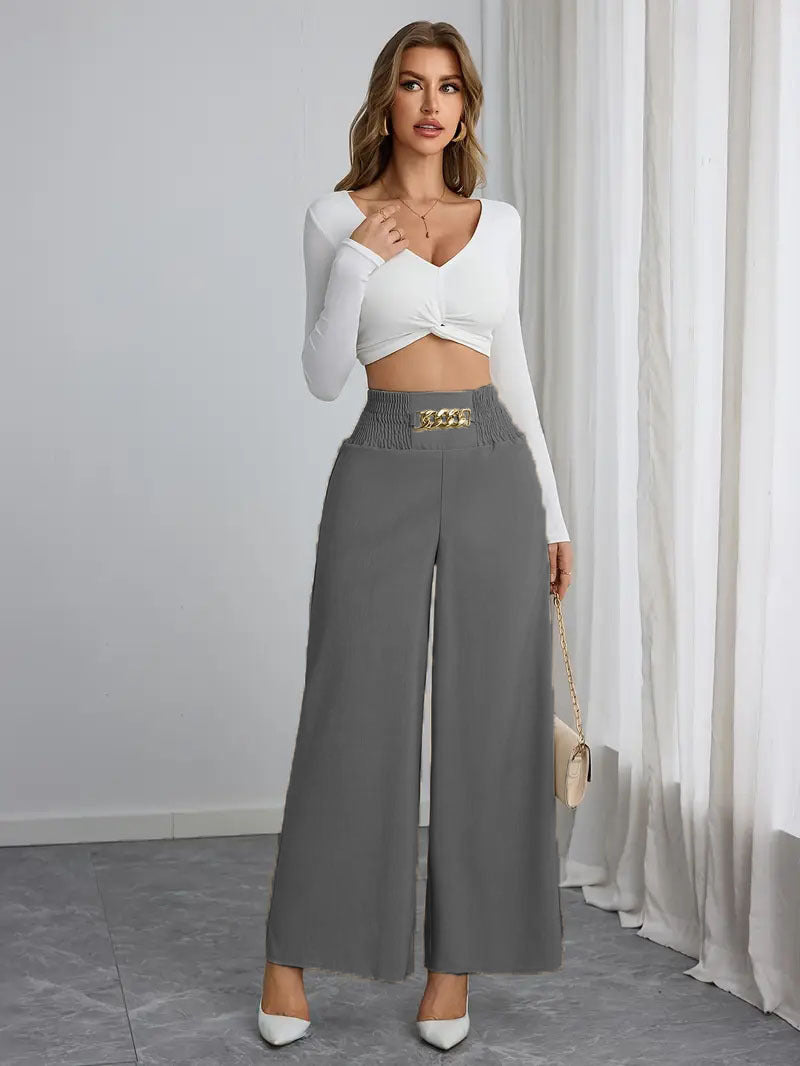 Damen Weite High-Waist Hose mit dekorativem Gummizug und modischem Gürtel EB