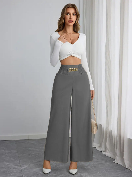Damen Weite High-Waist Hose mit dekorativem Gummizug und modischem Gürtel EB