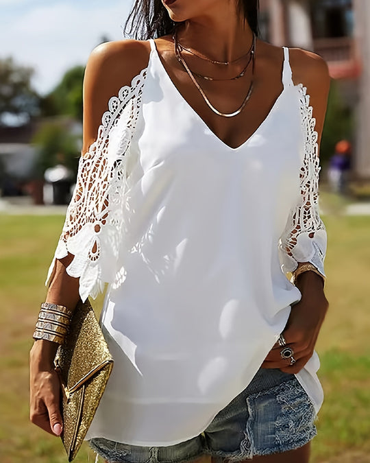 Damen Bluse mit offenen Schultern und Spitzenakzenten Heidi-Mode