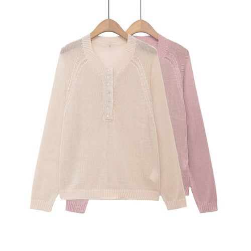 Damen nan Feinstrick-Henley-Pullover mit Knopfleiste und Raglanärmeln EB