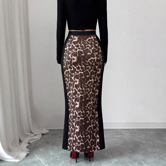 Damen nan taillierter Bleistiftmidirock mit Animal-Print-Mittelbahn und seitlichem Oberschenkel-Schlitz EB
