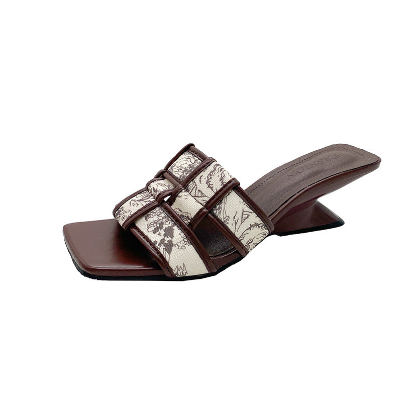 Damen elegante Slingback-Pantoletten mit floralem Druck und breiten Riemen EB