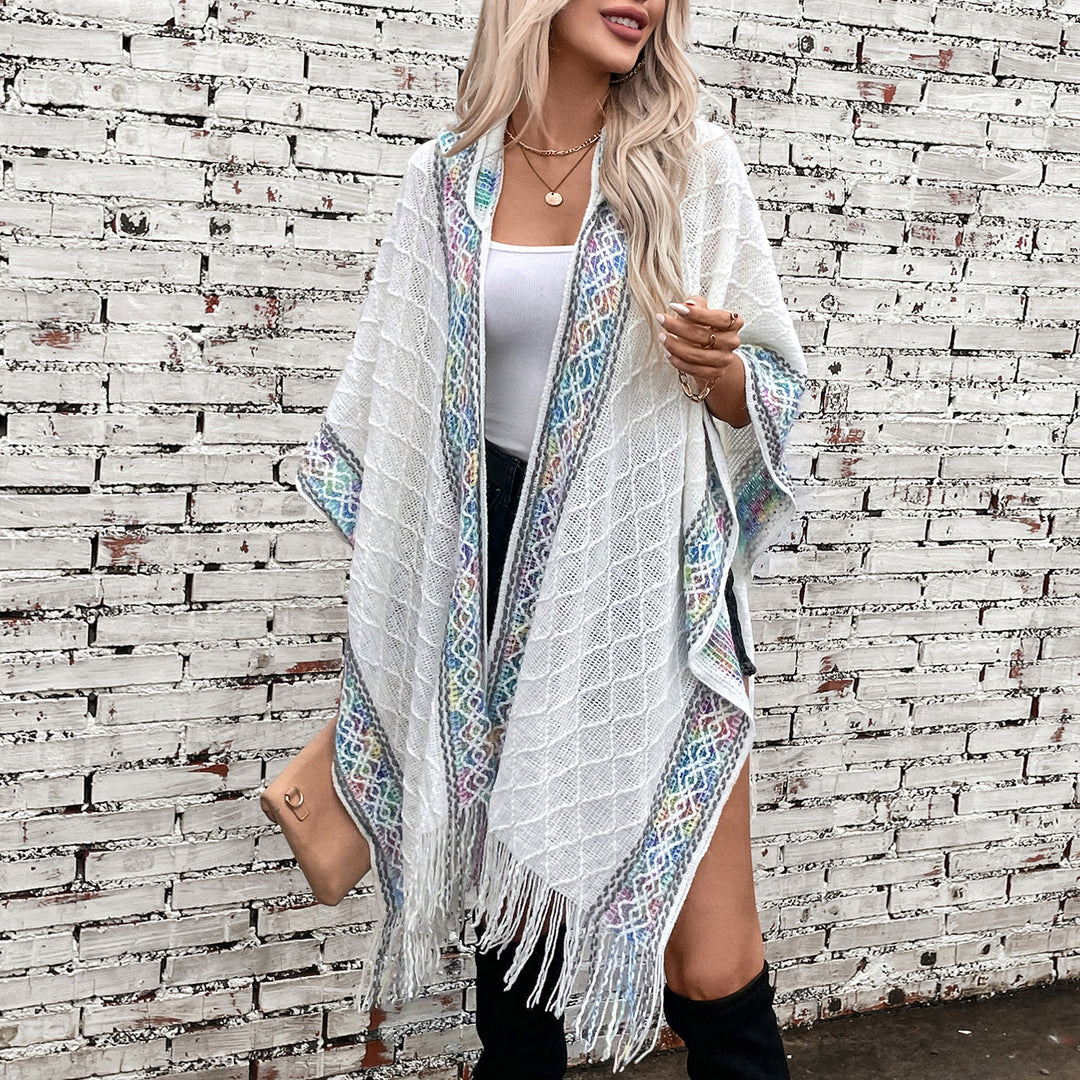 Damen eleganter Poncho mit hochwertigem Strukturdesign und Fransen EB