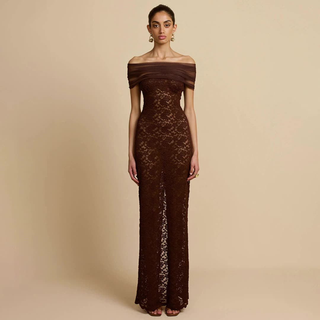 Damen Elegantes Spitzenabendkleid mit schulterfreiem Design und raffiniertem Schlitz EB