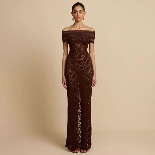Damen Elegantes Spitzenabendkleid mit schulterfreiem Design und raffiniertem Schlitz EB