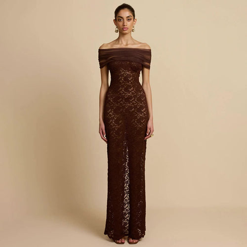 Damen Elegantes Spitzenabendkleid mit schulterfreiem Design und raffiniertem Schlitz EB