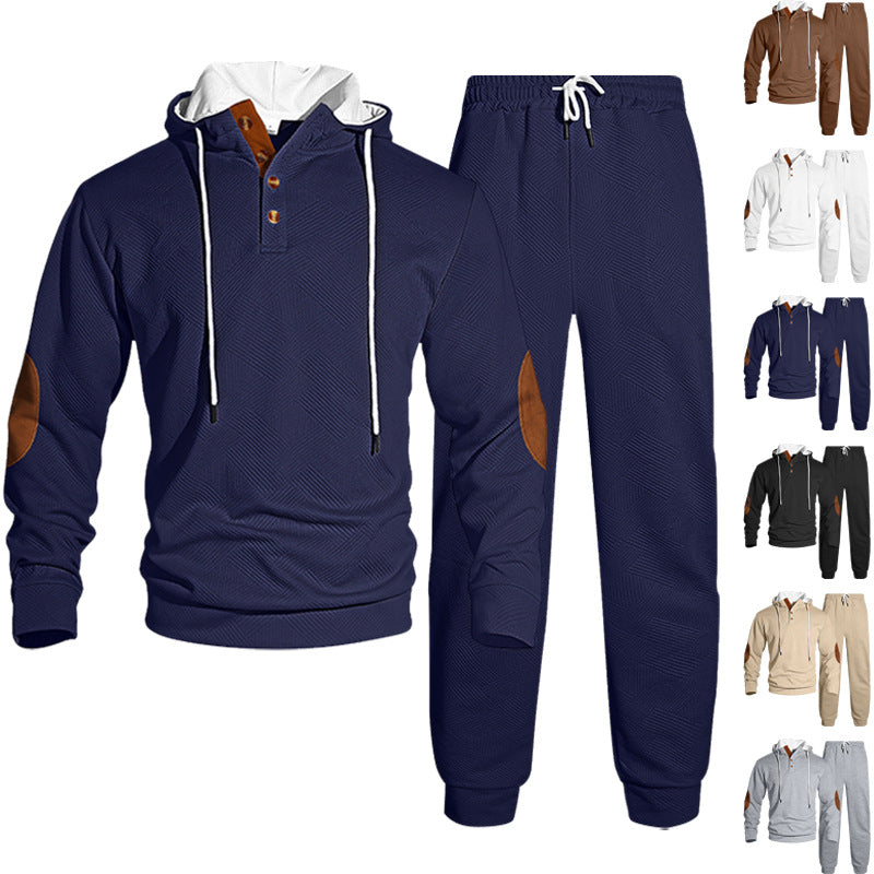 Herren nan Waffelstruktur Henley-Kapuzen-Set mit Holzknopfleiste Ellbogen-Patches und konischer Jogginghose EB