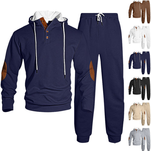 Herren nan Waffelstruktur Henley-Kapuzen-Set mit Holzknopfleiste Ellbogen-Patches und konischer Jogginghose EB