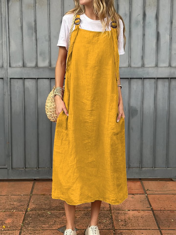 Damen lässiges Leinenkleid mit praktischen Taschen und verstellbaren Trägern EB