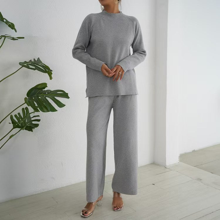 Damen elegantes und lässiges Strick-Loungewear-Set mit hohem Kragen und weiten Beinen EB