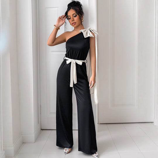 Damen eleganter Jumpsuit mit asymmetrischem Ausschnitt und dekorativem Taillengürtel EB