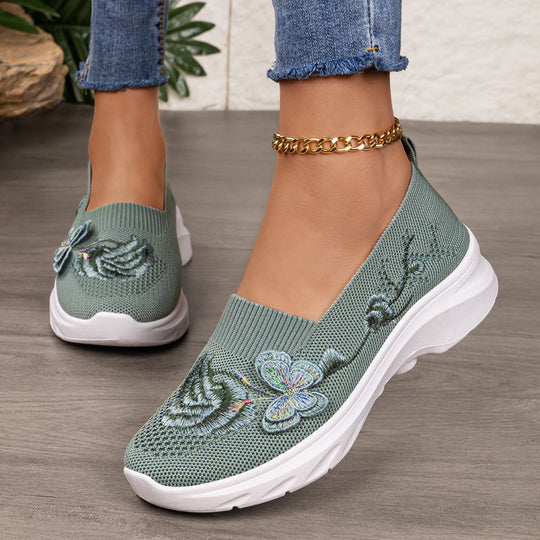 Damen nan gestrickte Slip-On Slipper mit Schmetterlings-Stickapplikation und dämpfender EVA-Plateausohle EB