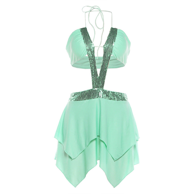 Damen schulterfreies Kleid mit funkelnden Pailletten und schwingendem Rock EB