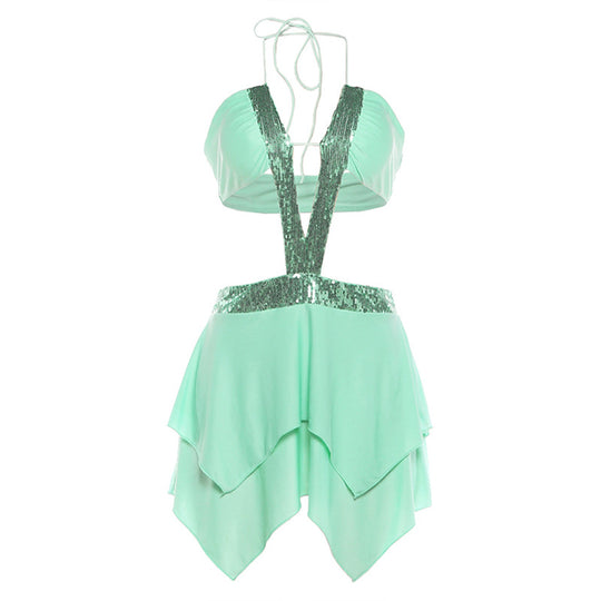 Damen schulterfreies Kleid mit funkelnden Pailletten und schwingendem Rock EB