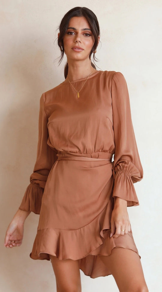 Damen Wickelkleid mit schwingenden Volant-Ärmeln und elegantem Taillenband EB