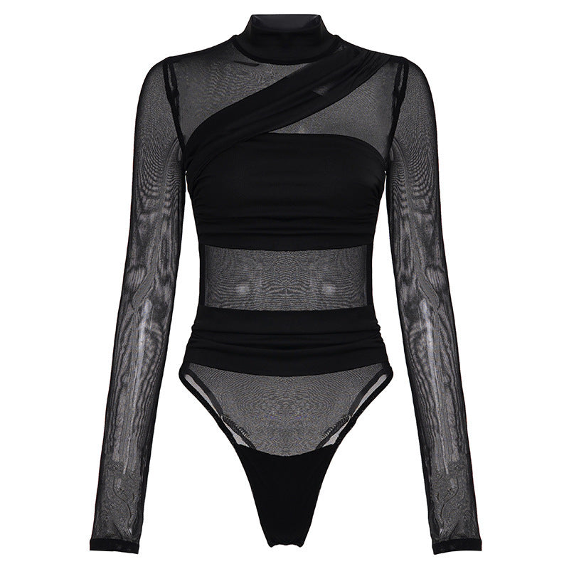 Damen Langarm Body mit transparentem Tüll-Design und eleganter Schnittführung EB