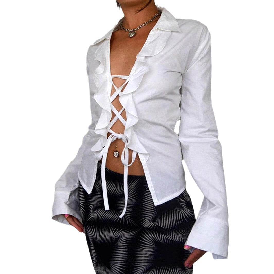 Damen Bluse mit voluminösem Rüschendesign und taillierbarem Schnitt EB