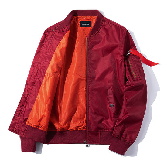 Men's  slim-profile nylon bomber jacket with high-visibility contrast lining and zip utility sleeve pocket EB