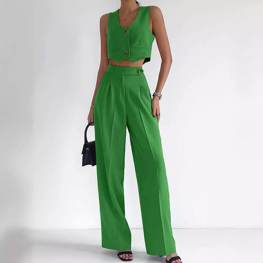 Damen trendy Zweiteiler-Anzug mit wadenlangem Hose und modernem Cropped-Top EB