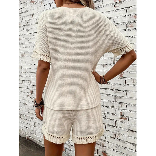 Damen Strickshorts und Oberteil Set mit Fransen EB