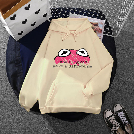 Damen nan relaxed-fit Kapuzenpullover mit gestempelter Froschgrafik, Kängurutasche und Kordelzug EB