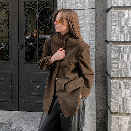 Damen Modische Wildlederjacke im Oversized-Schnitt mit klassischem Kragen und praktischen Taschen EB
