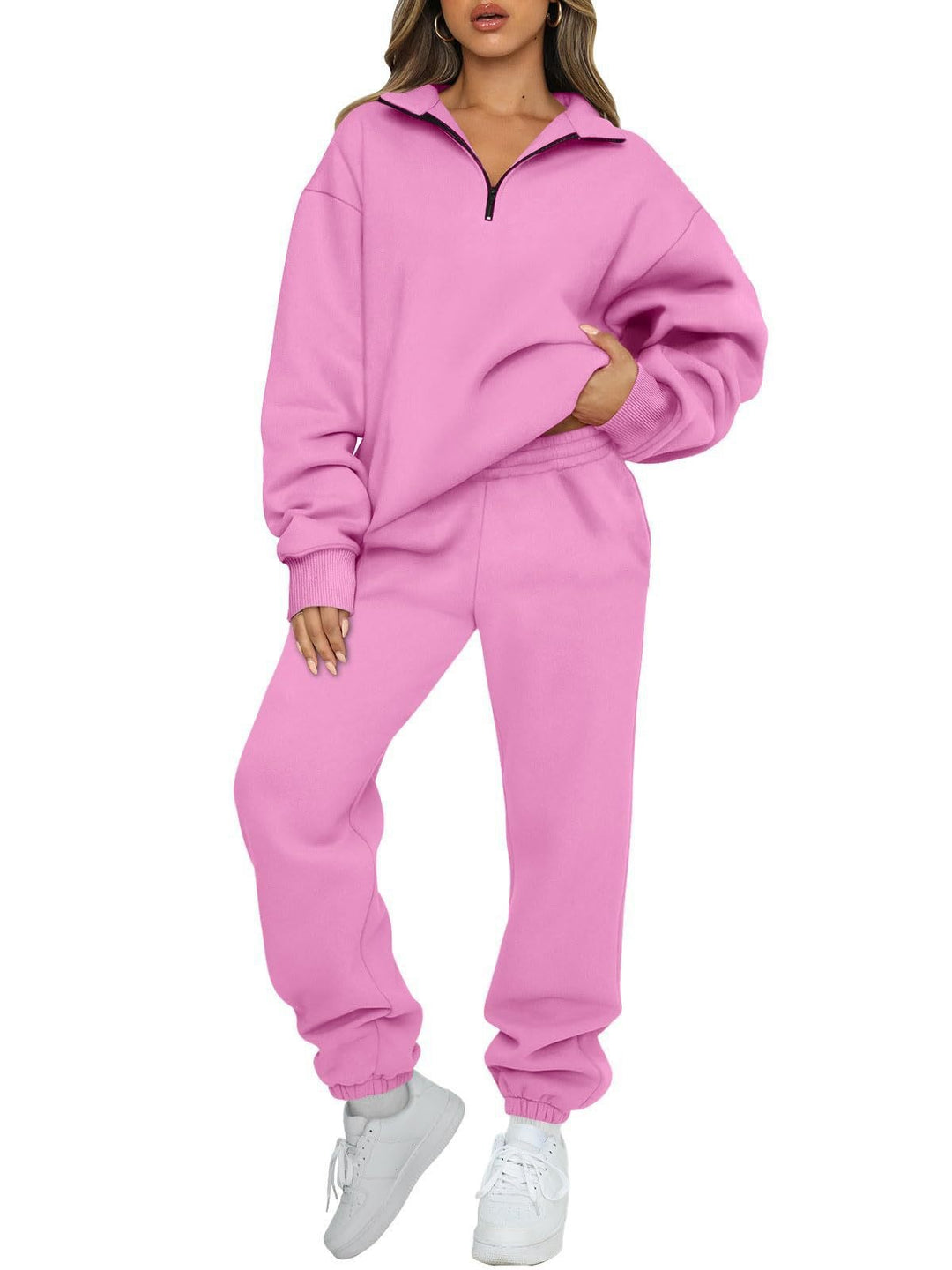 Damen nan Halbzip-Loungewear-Set mit übergroßem Kragenpullover und taillierter Jogginghose mit elastischem Bund EB