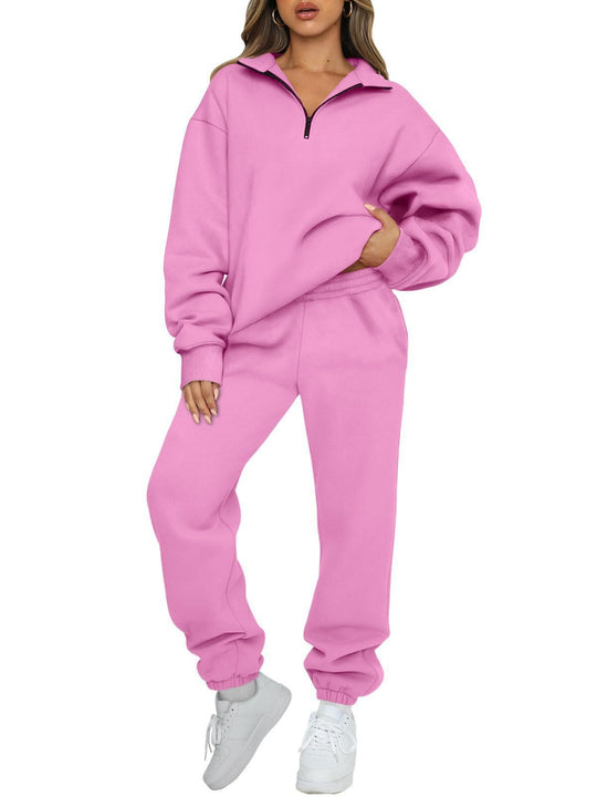 Damen nan Halbzip-Loungewear-Set mit übergroßem Kragenpullover und taillierter Jogginghose mit elastischem Bund EB