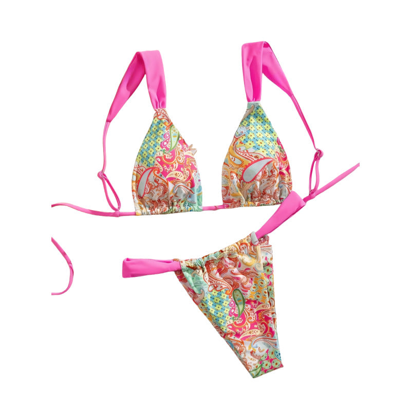 Damen Triangel-Bikini mit buntem Paisleymuster und verstellbaren Trägern EB