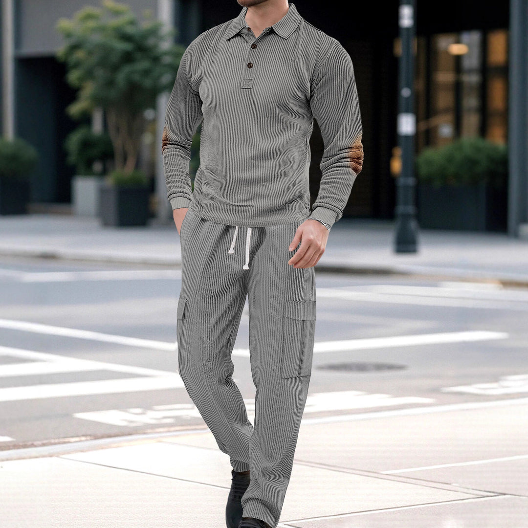 Herren nan geripptes Lounge-Set mit Polokragen Ellenbogenpatches und Cargohose EB