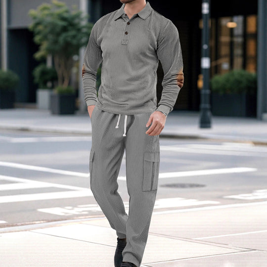 Herren nan geripptes Lounge-Set mit Polokragen Ellenbogenpatches und Cargohose EB