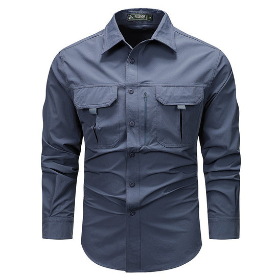 Men's  technical long-sleeve utility shirt with dual flap chest pockets and concealed zip utility pocket EB