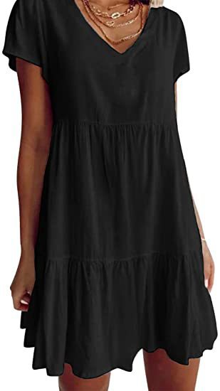 Damen luftiges V-Ausschnitt Kleid mit Rüschensaum und praktischen Taschen EB