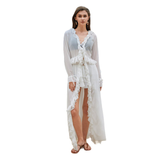 Damen elegantes transparentes Strandkleid mit Rüschen EB