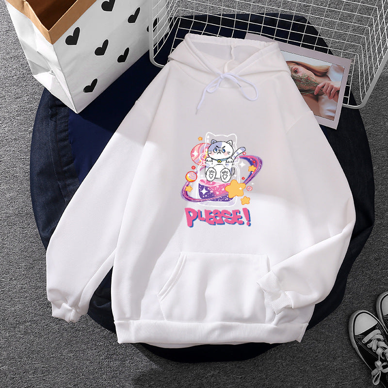 Damen nan oversized Kapuzenpullover im Streetstyle mit weichem Fleece-Innenfutter, Kängurutasche und farbenfrohem Cartoon-Katzen-Planet-Print EB