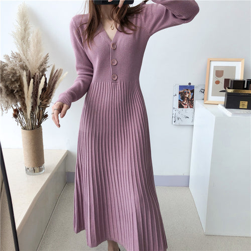 Damen Strickkleid mit Knopfverschluss und gerippter Struktur EB